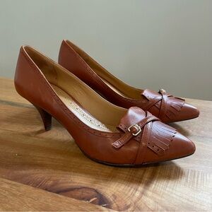 NWOB Brooks Brothers Brown Leather Kitten Heel Pumps Buckle Pointed Slip On 7